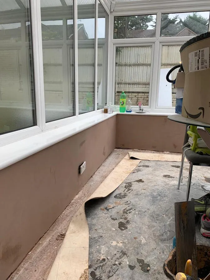 Conservatory lower wall plastering